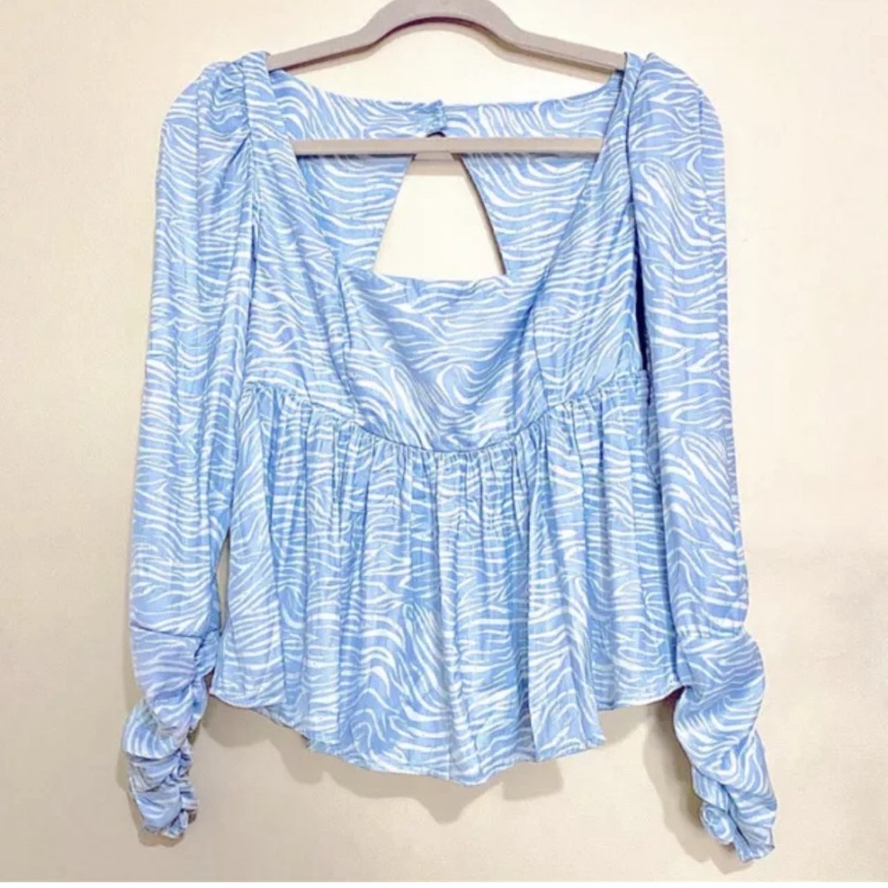 NWOT Free People Baby Blue Zebra Print Silky Blouse SIze XS
